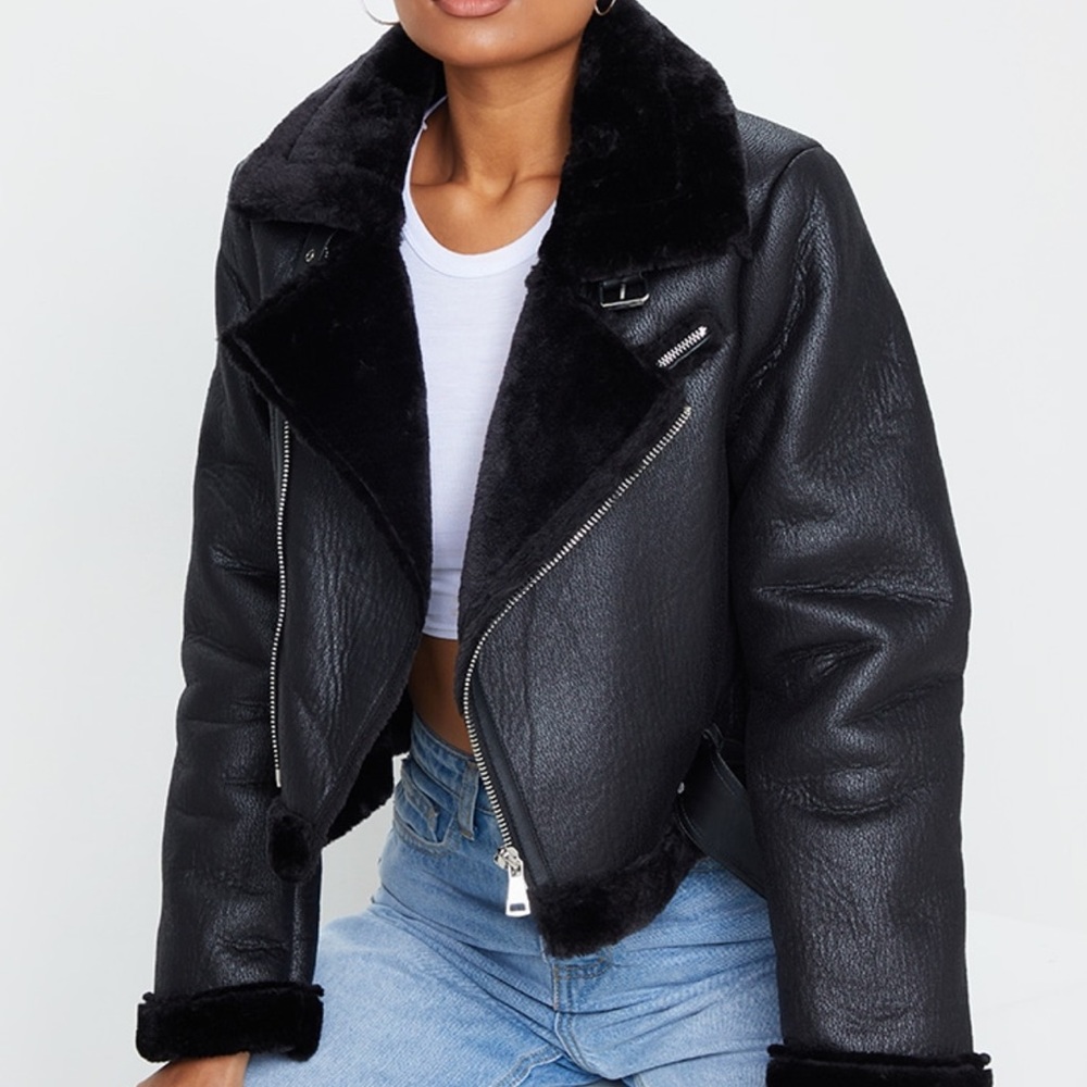 **NWT!** PLT Black PU Cropped Belted Aviator
